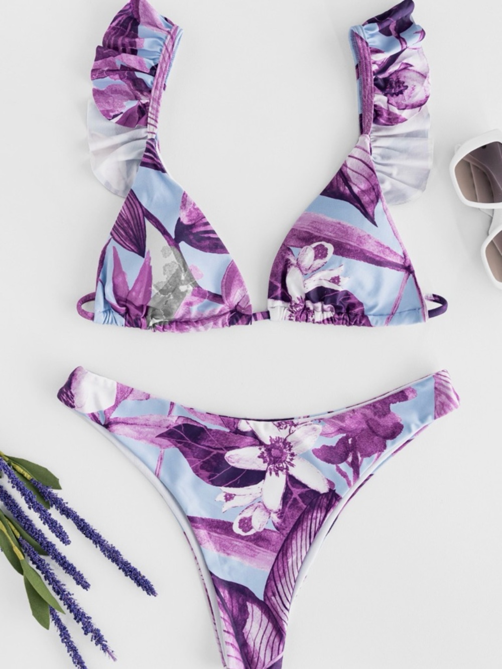 3 piece set, Floral Ruffle Triangle Bikini  with sarong cover up,